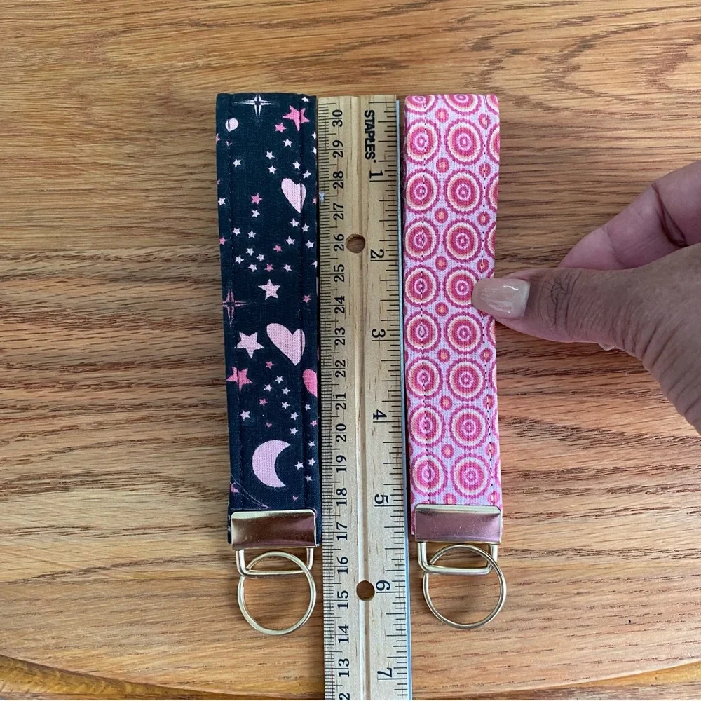 Set of 2 Handmade Fabric Wristlet Keychains Celestial Moon & Pink Geometric